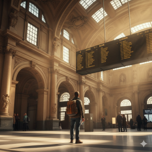 A traveler with a backpack looks up at a departure board in a grand European train station, deciding where to go next with a multi-city pass.
