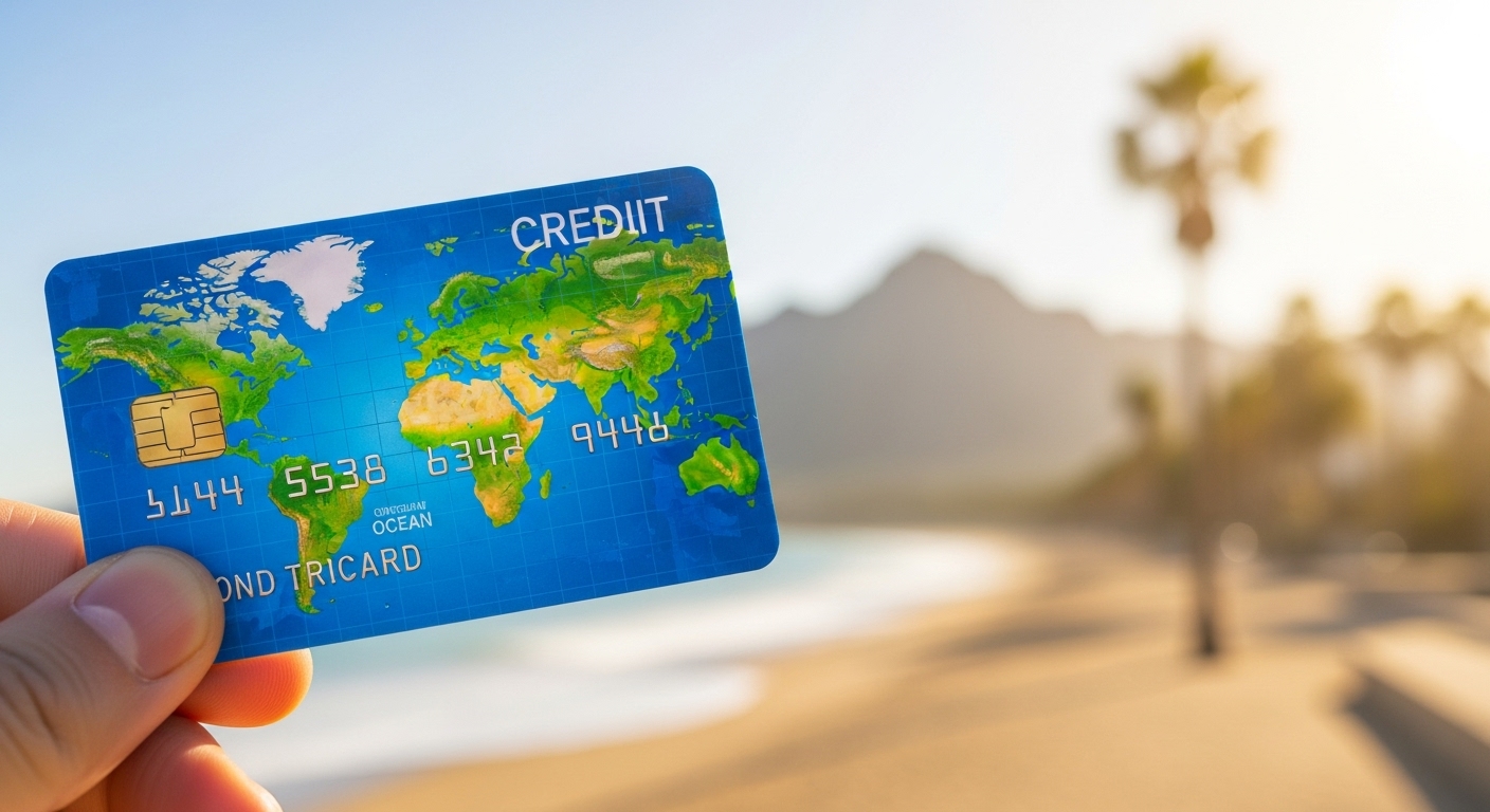 Here are a few options, choose the one that best matches the actual image: **Option 1 (Concise & Direct):** `Credit card with travel icons, highlighting the best credit cards for travel insurance and trip cancellation.` **Option 2 (Slightly more descriptive):** `Travel-themed credit card with a world map and suitcase, illustrating the best credit cards for travel insurance and trip cancellation.` **Option 3 (Focus on benefits):** `Premium credit card offering travel insurance and trip cancellation benefits, perfect for finding the best credit cards for travel insurance.`