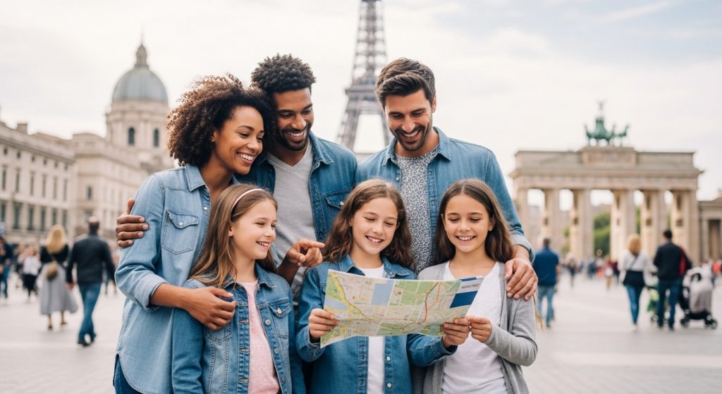 Here are a few options, choose the one that best fits the specific image: **Option 1 (General, concise):** `alt=Smiling family with children in front of a famous European landmark, showcasing the best Europe city passes for families.` **Option 2 (Slightly more action-oriented):** `alt=Family pointing at a map in a European city, planning their itinerary with one of the best Europe city passes for families.` **Option 3 (Focus on the benefit):** `alt=Happy family exploring a historic European city square, saving money and time with the best Europe city passes for families.`