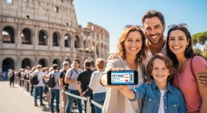 A happy family using one of the best Europe city passes for families to skip the line at a major attraction.