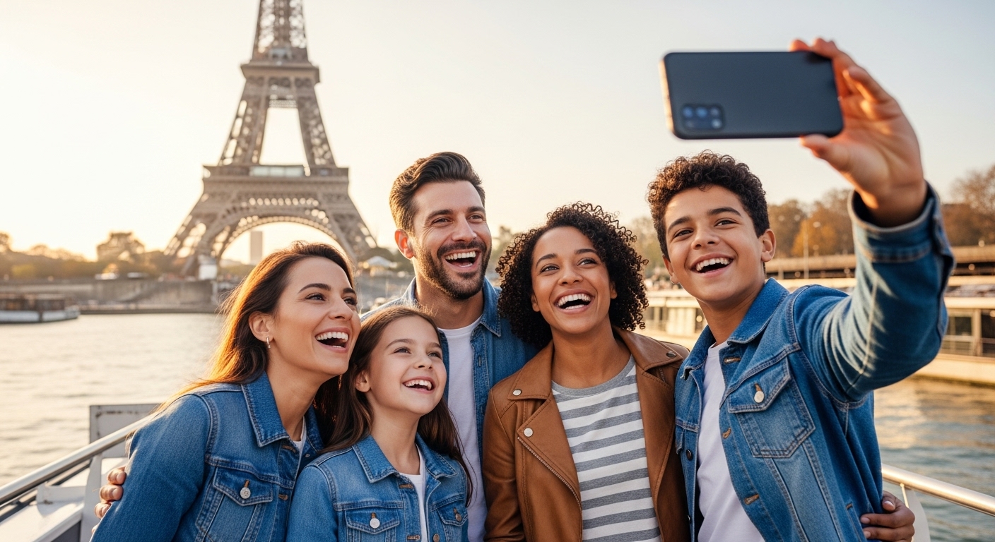 A happy family enjoying a river cruise, a key benefit of finding the best Paris pass for families 2025.