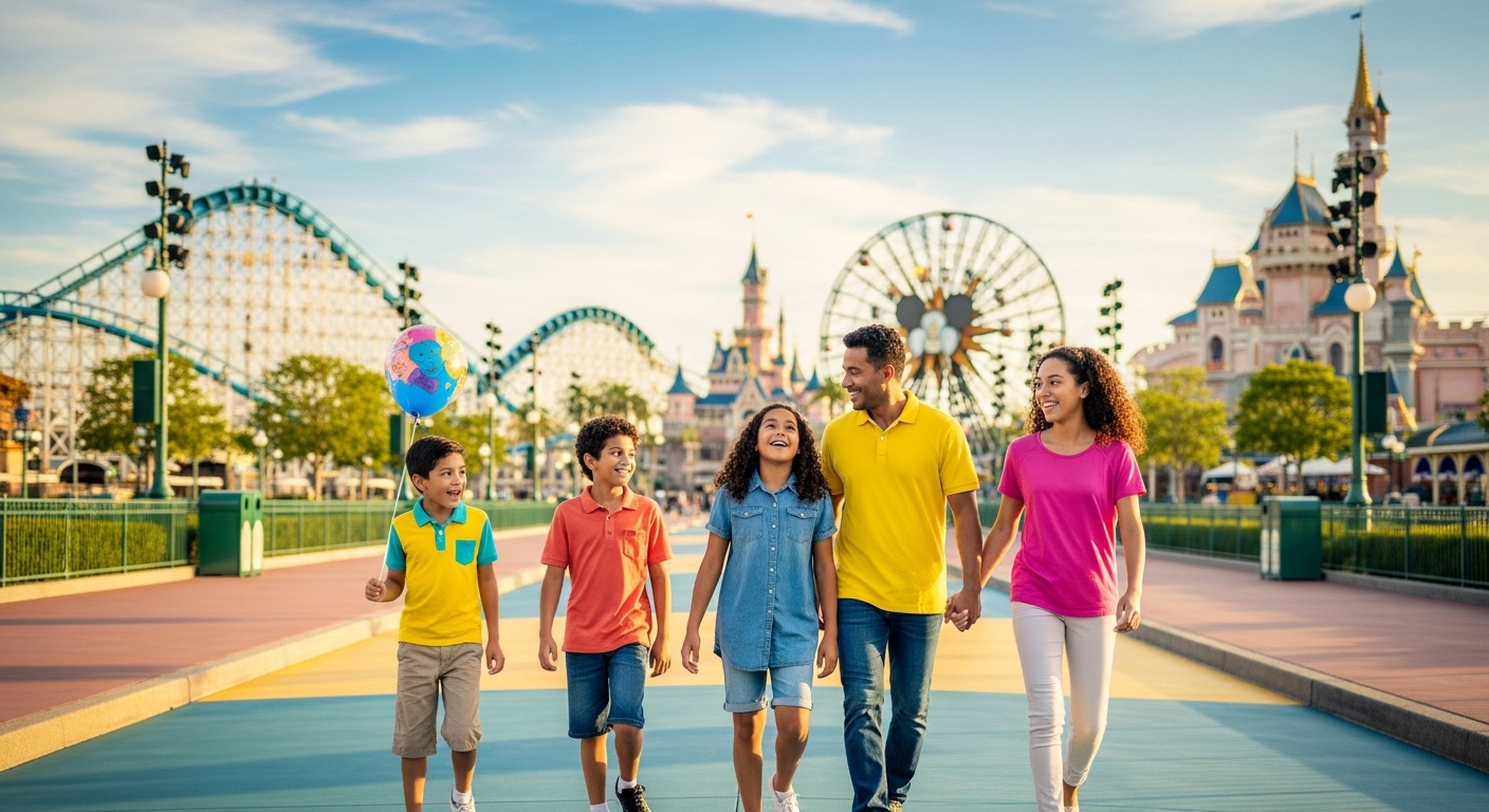 Smiling family at a theme park entrance, excited to use their best theme park passes for families.