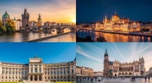 A collage showcasing the beautiful cities you can explore with City Cards Under €50 in Central Europe.