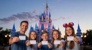 A family shows off their passes, considering if their Disney World annual pass is worth it in front of the castle.