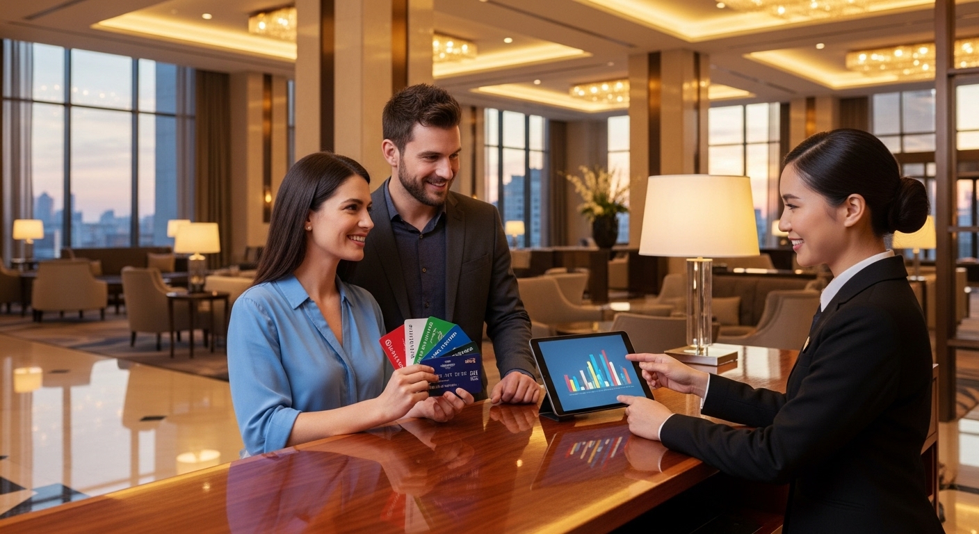 Here are a few options, choose the one that best matches your *specific* image: **Option 1 (Common):** A person comparing different hotel loyalty program benefits and reward options on a laptop, demonstrating **how to choose the best hotel loyalty program for you**. **Option 2 (Focus on cards/logos):** A visual comparison of multiple hotel loyalty program cards and logos on a screen, helping you learn **how to choose the best hotel loyalty program for you**. **Option 3 (Concise):** Hands holding a loyalty card and tablet, researching **how to choose the best hotel loyalty program for you**.