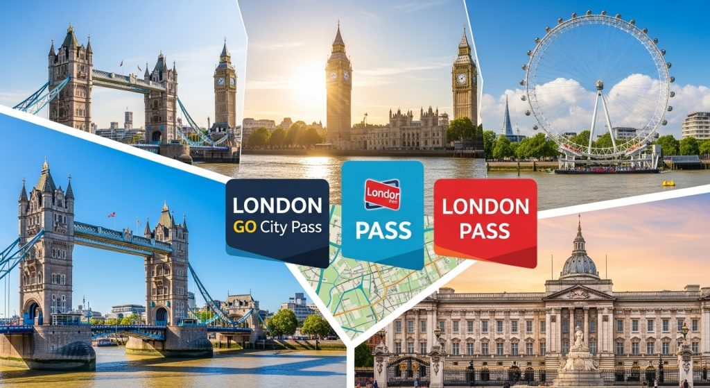 Iconic London landmarks and pass logos, illustrating a **London Go City Pass vs London Pass money saving** guide.