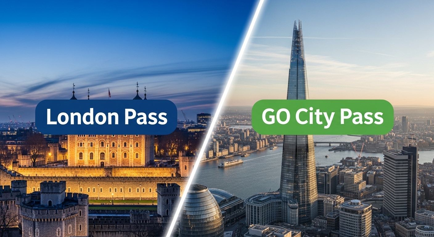 A visual comparison of the London Go City Pass vs London Pass for money saving, showing the Tower of London and a view from The Shard.