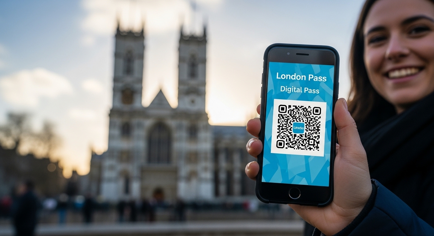 A traveler easily using their London Go City Pass to save money at Westminster Abbey, a key tip for any London travel budget.