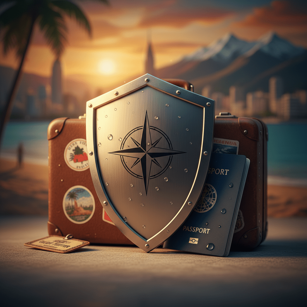 Shield protecting a suitcase and passport, illustrating how to protect your trip with travel insurance.