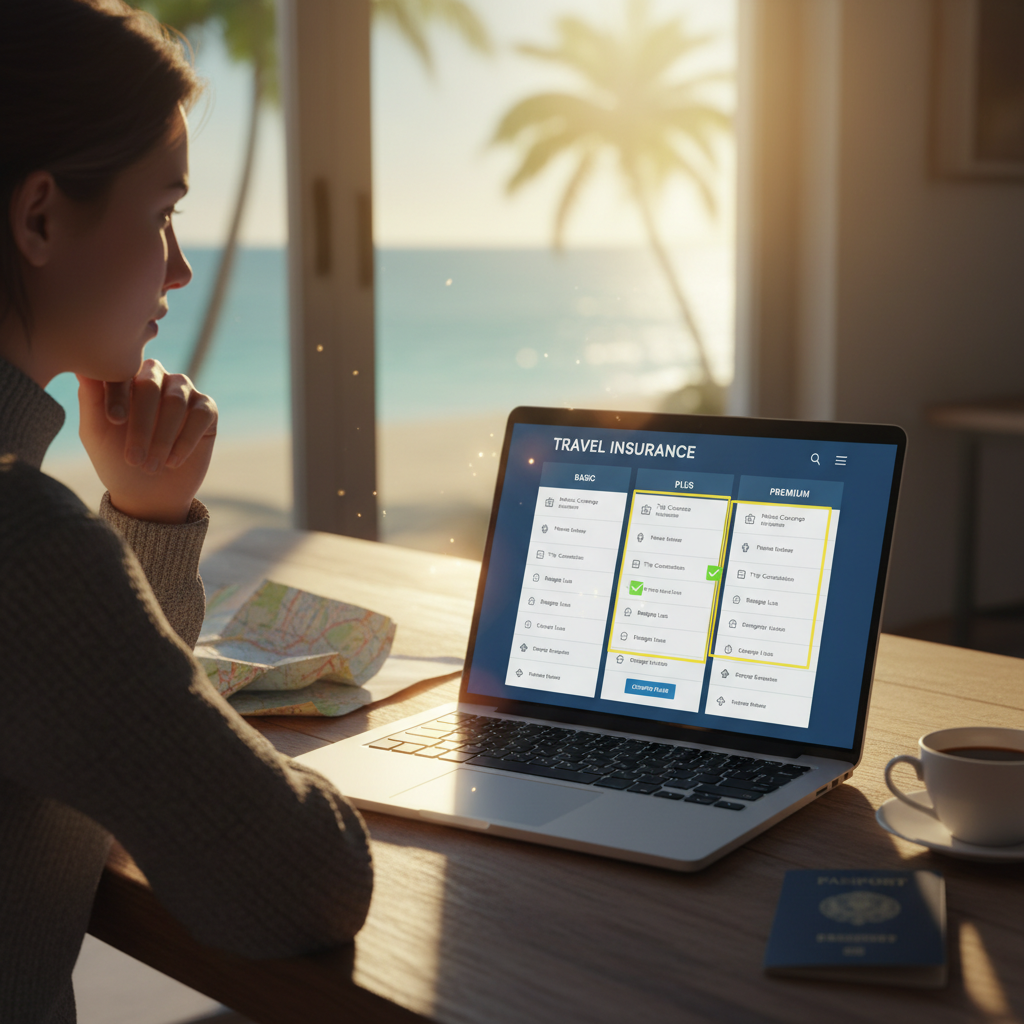 A traveler comparing different travel insurance plans online to protect their trip with travel insurance.