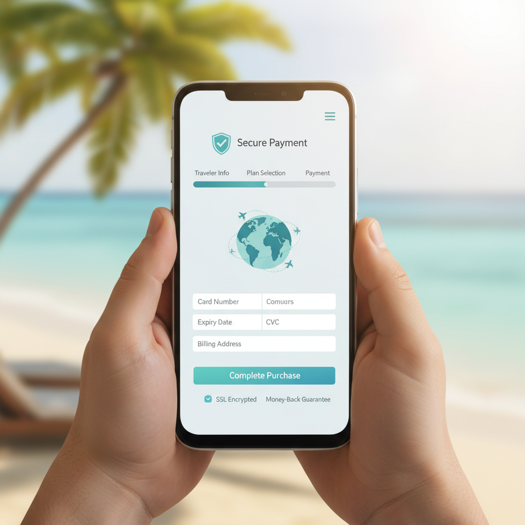 Securely buying travel insurance online to protect a trip from unexpected events.