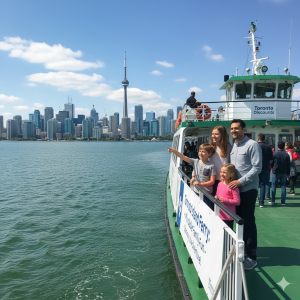 A family finds affordable fun on the Toronto Island ferry, one of the best low-cost Toronto family attraction discounts with a skyline view.