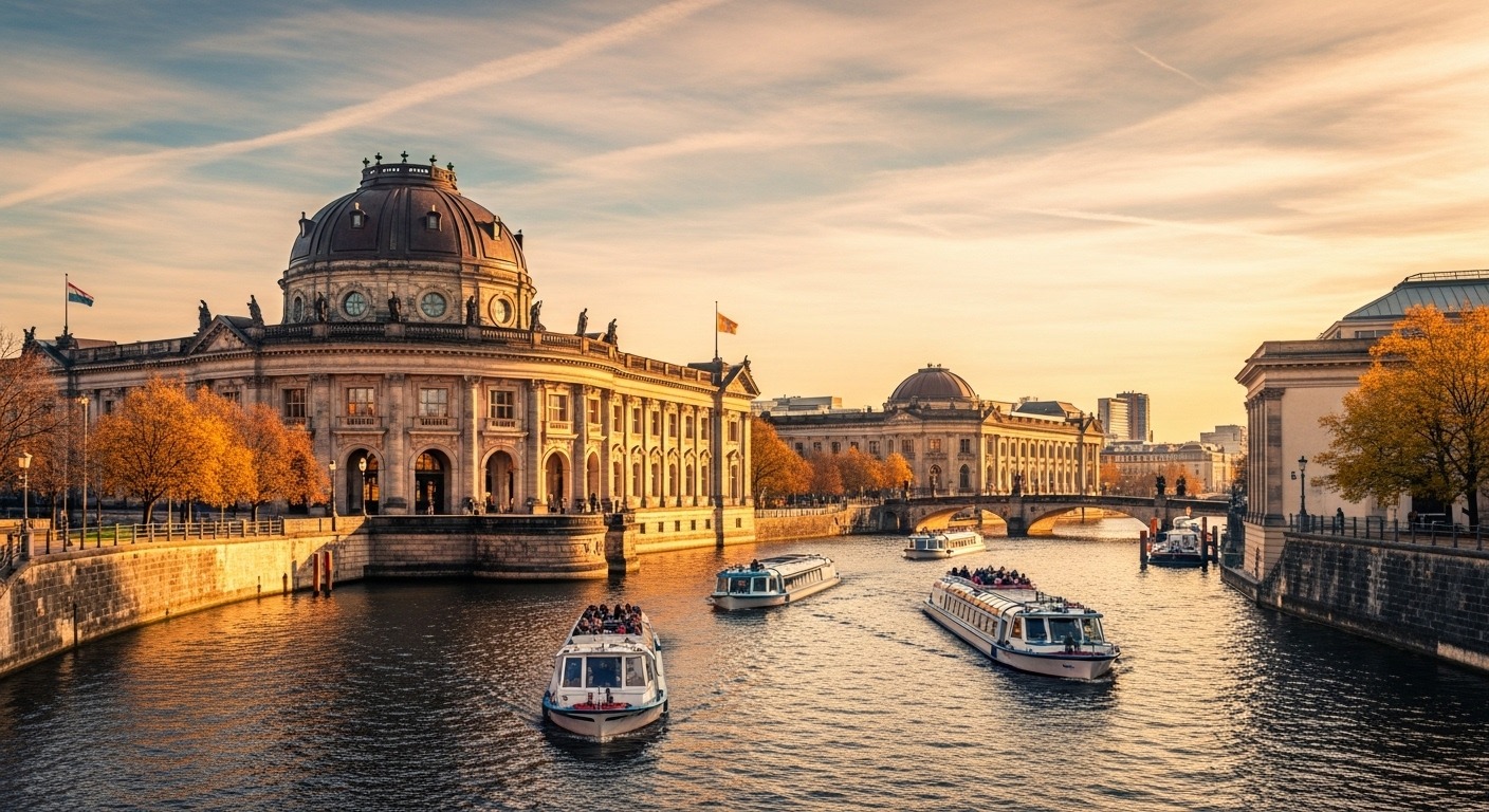 A Berlin Museum Island pass comparison showing the Bode Museum at sunset.
