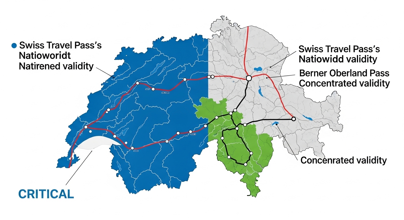 A map comparing the validity areas of the Berner Oberland Pass vs Swiss Travel Pass.