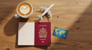 A collection of items representing the best credit cards in Canada for travel rewards and planning.