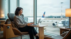 A passenger enjoying the perks of an Aeroplan credit card, like lounge access, in Canada.
