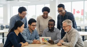 Newcomers to Canada learning about their first credit card options.