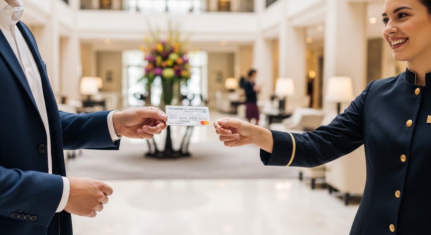 A traveler using one of the best hotel loyalty credit card offers for rewards to check into a luxury hotel.
