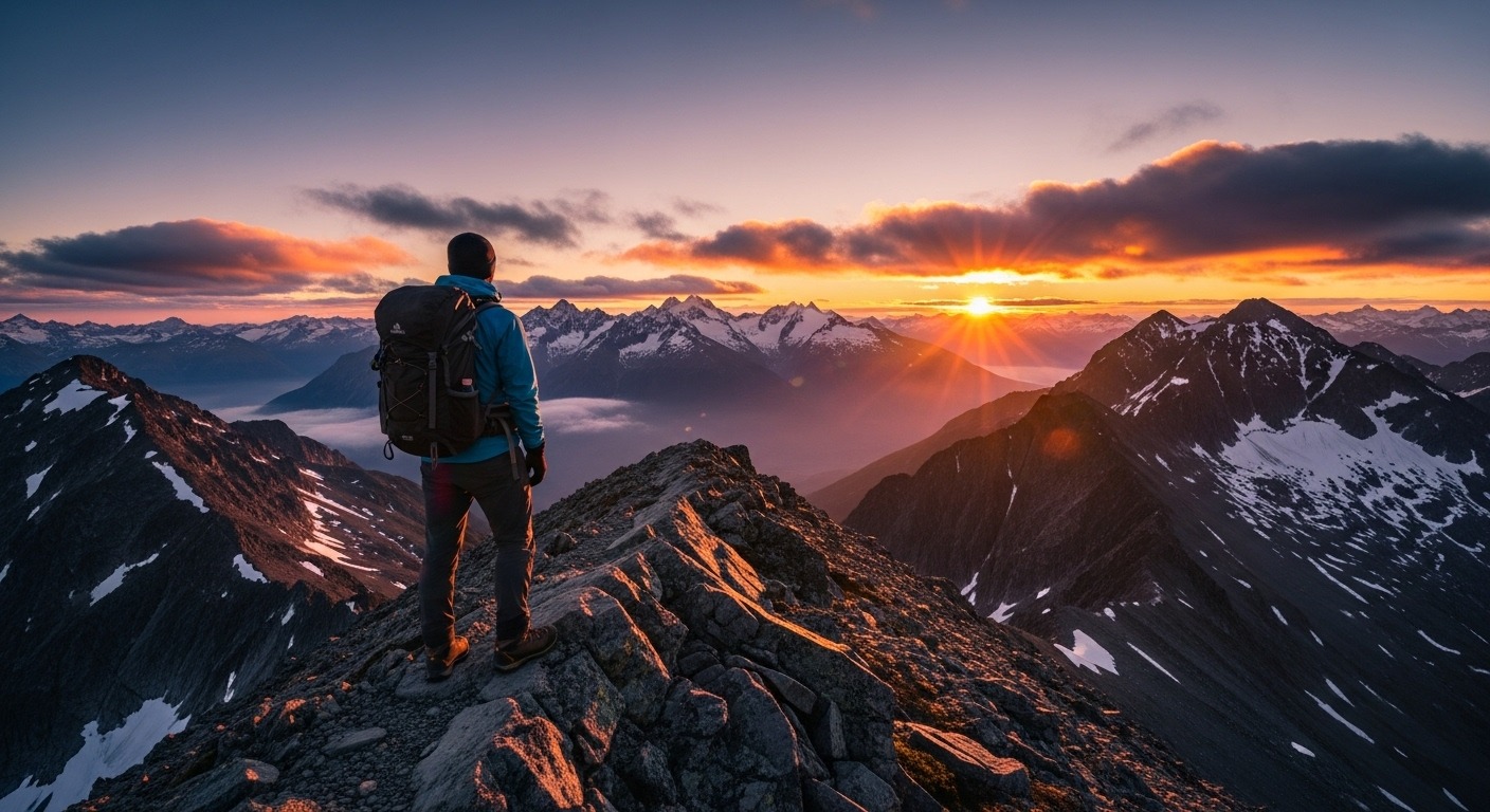 A traveler with long-term travel insurance for adventure sports hiking in the mountains.