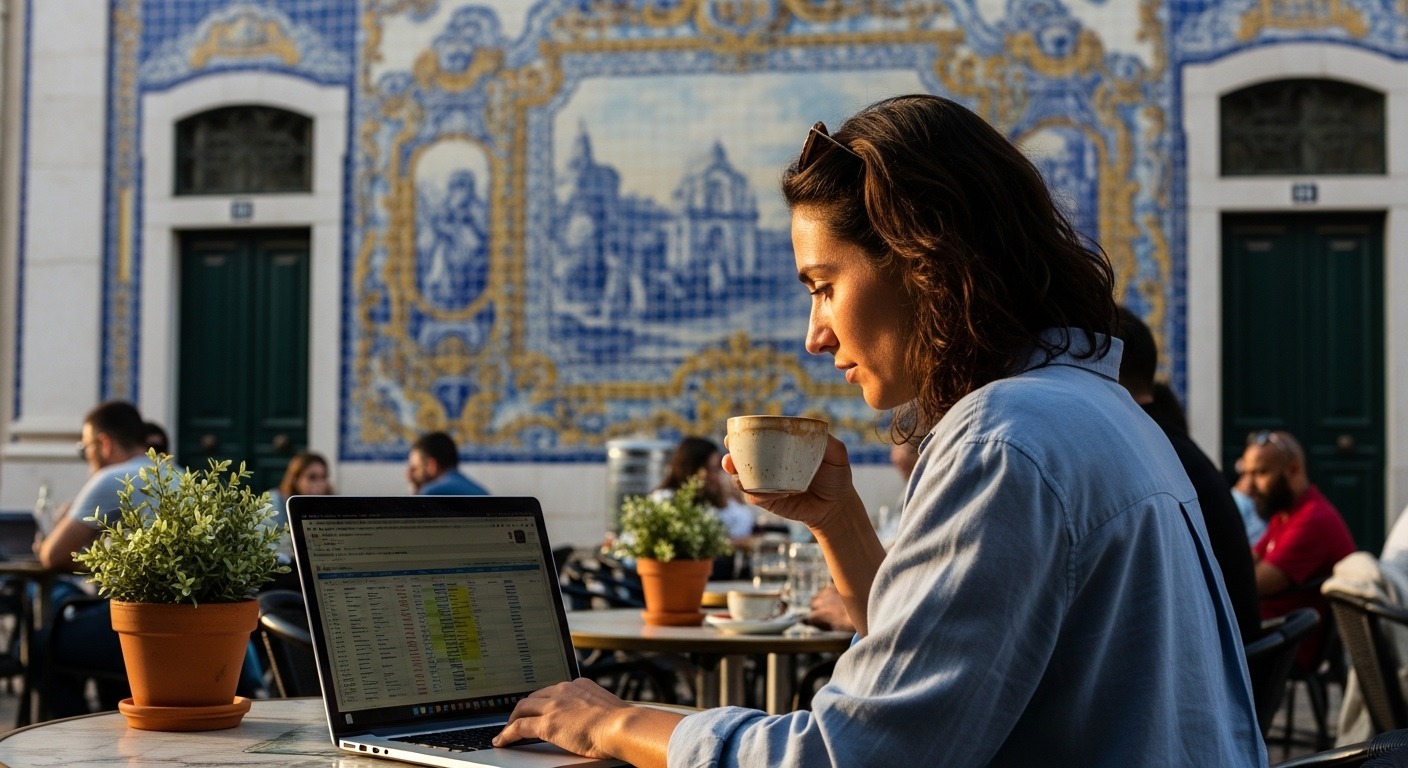 A traveler researches the best travel insurance for long international trips on their laptop in Europe.