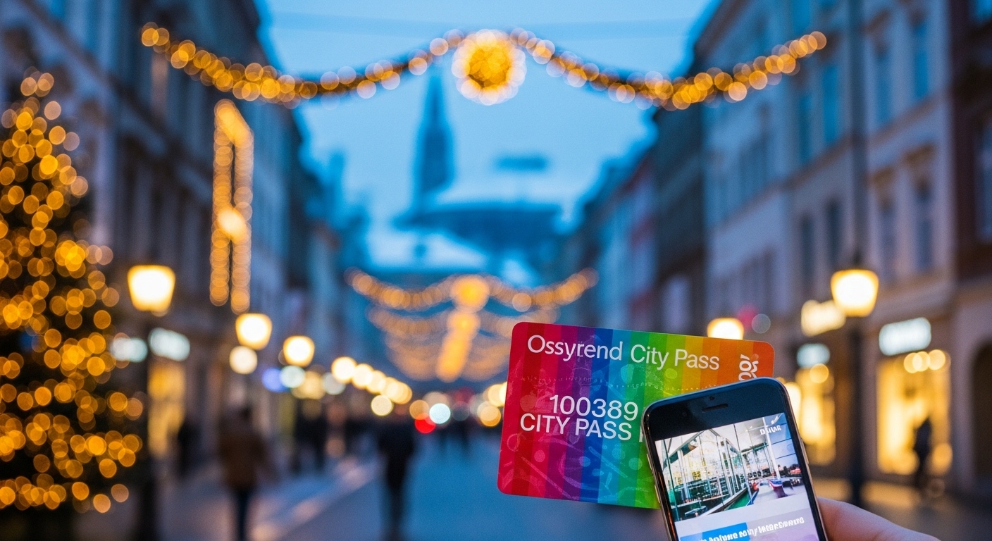 A festive, snow-dusted city street at night, representing smart **budgeting for Christmas travel with city passes**.