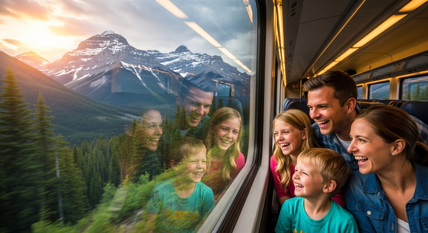 A family enjoying the view from a train using their Canada Strong Pass family travel discounts in the Canadian Rockies.