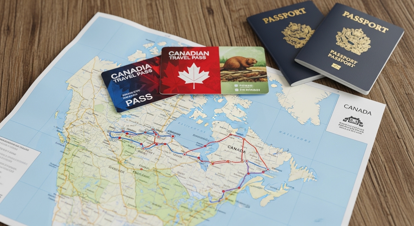 A flat-lay showing how to combine the Canada Strong Pass with a Parks Canada pass for family travel discounts.