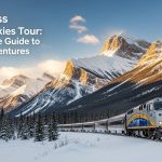 VIA Rail train winding through the snow-covered Canadian Rockies, perfect for a Canrailpass winter Rockies tour.