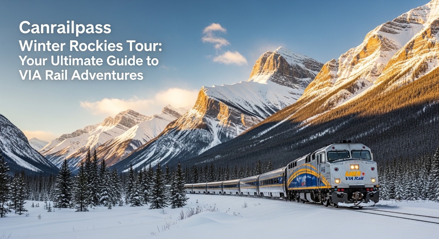 VIA Rail train winding through the snow-covered Canadian Rockies, perfect for a Canrailpass winter Rockies tour.