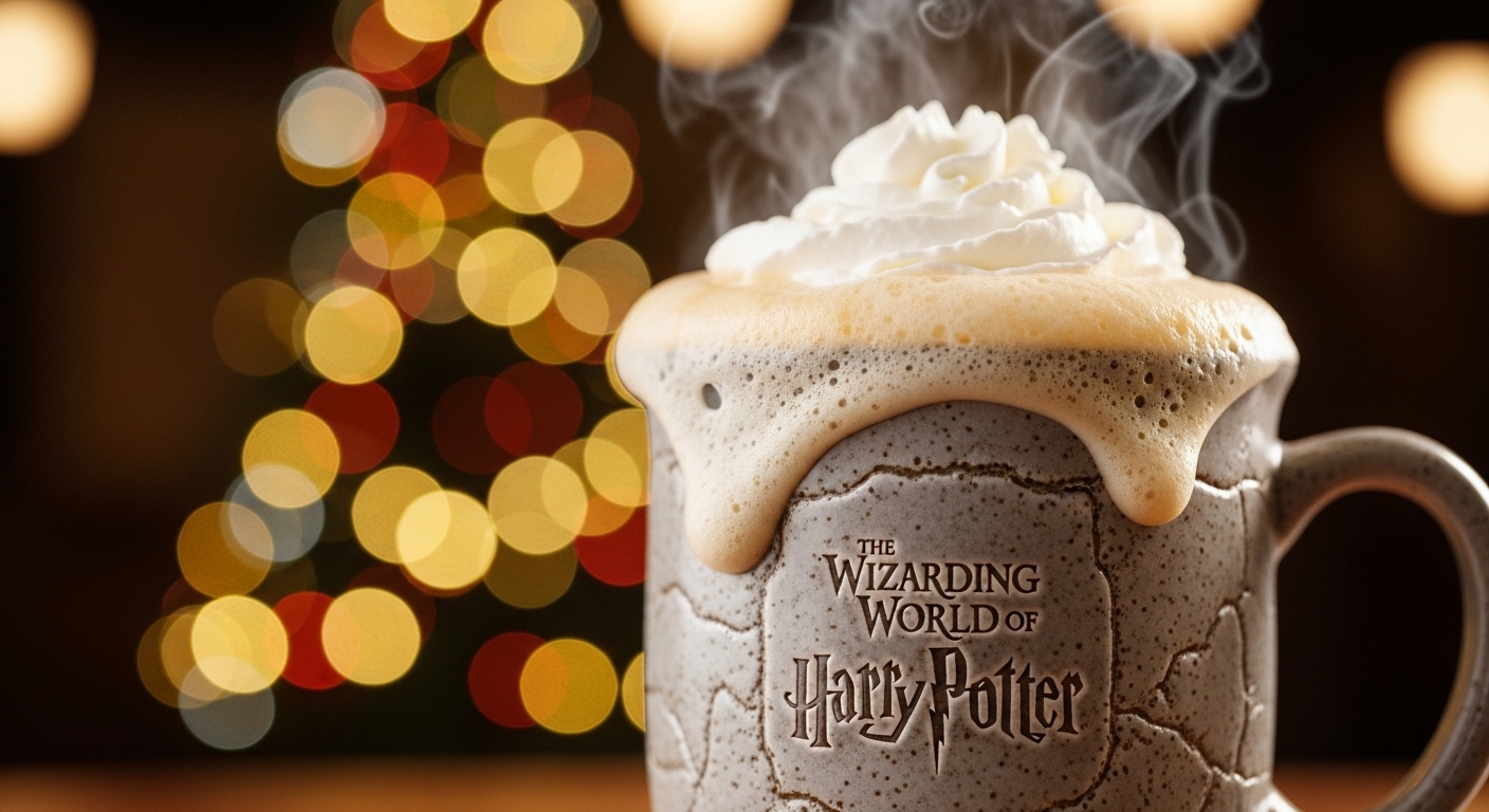 A warm mug of Hot Butterbeer, a popular Christmas treat at Universal Orlando.