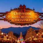 Dazzling holiday lights and festive decor illuminate the park during Dollywood Smoky Mountain Christmas.
