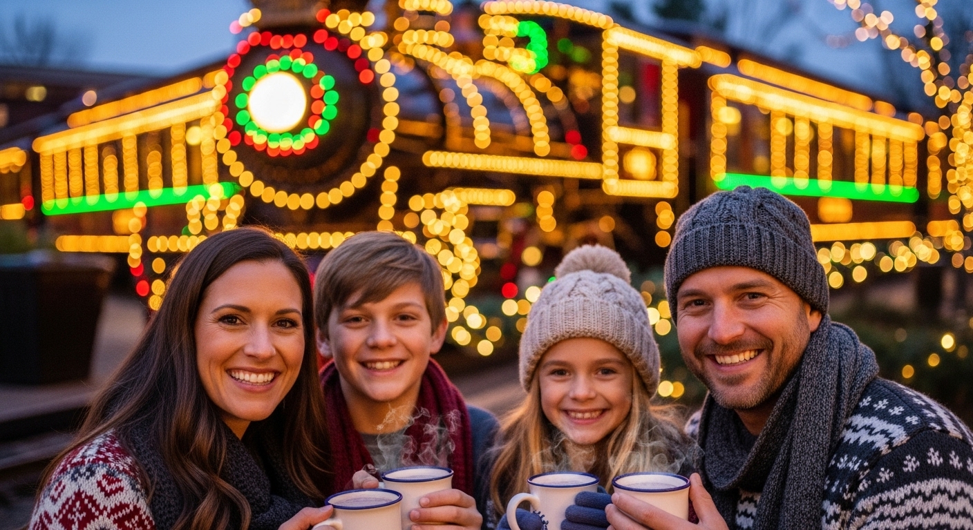 A family enjoying hot chocolate during the Dollywood Smoky Mountain Christmas event.