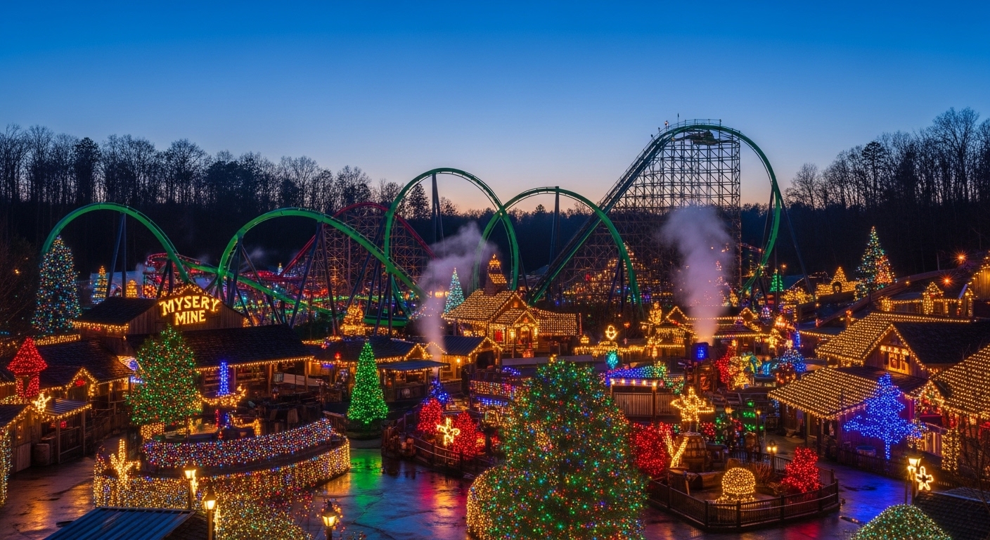 The festive lights of Dollywood Smoky Mountain Christmas illuminating the park at twilight.