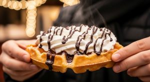 A delicious Belgian waffle being enjoyed at the Bruges Christmas market.