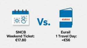 A cost comparison graphic showing the SNCB Weekend Ticket is cheaper than a Eurail Pass for a Brussels to Bruges day trip.