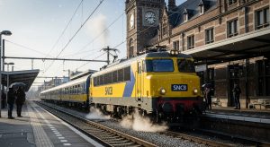An SNCB train arriving at the station, representing Belgian train travel.