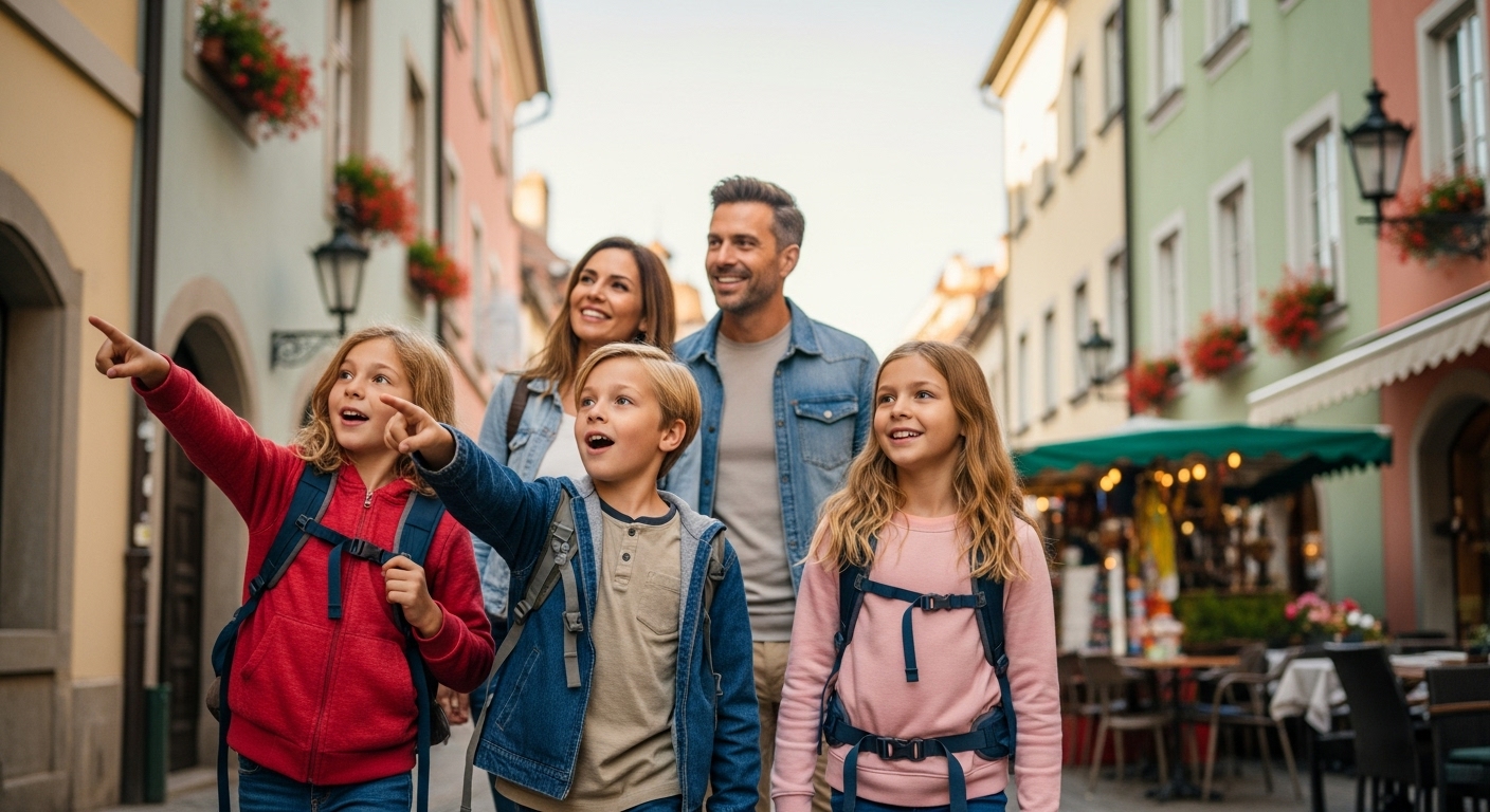 Here are a couple of options, depending on the exact visual of the image, keeping it concise and descriptive: **Option 1 (General, good for most family travel scenes):** A happy family with two children smiling while walking through a charming European city street, embodying **exploring Europe on a budget with kids**. **Option 2 (If they are near a specific, but recognizable, budget-friendly activity/landmark):** Two parents and their children enjoying a picnic in a scenic European park, a great way of **exploring Europe on a budget with kids**.