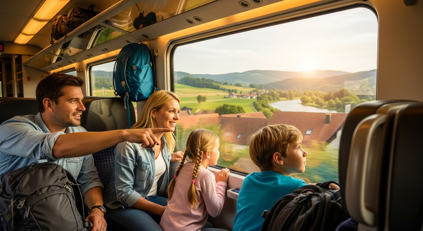 A family using budget transportation while exploring Europe on a budget with kids.