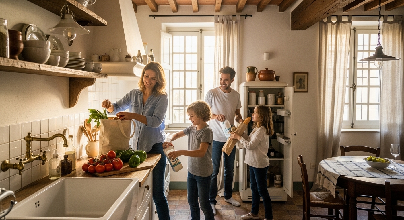 A family preparing a meal while exploring Europe on a budget with kids.