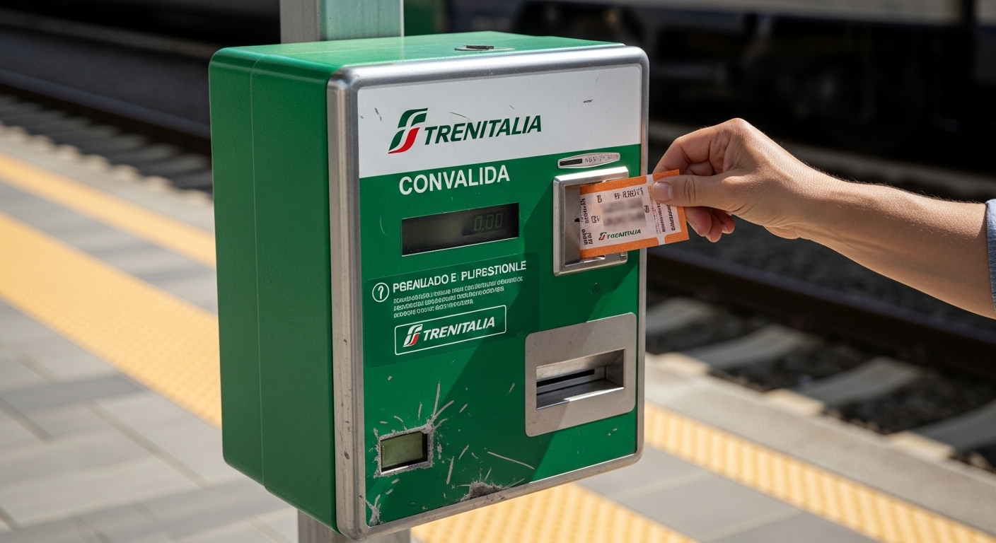 The process of validating a paper ticket before a journey in Tuscany by train.