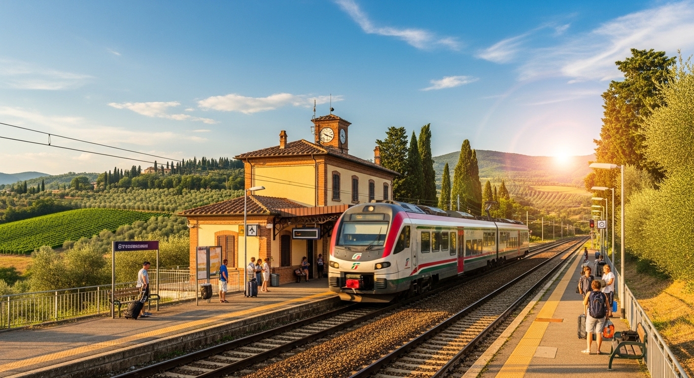 A regional train arriving at a station, showcasing the ease of exploring Tuscany by train.