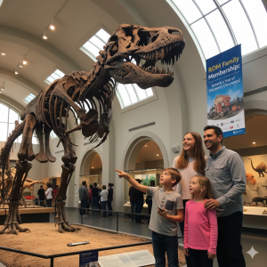 Children look at a dinosaur skeleton at the ROM, a great example of finding Toronto family attraction discounts through museum memberships.