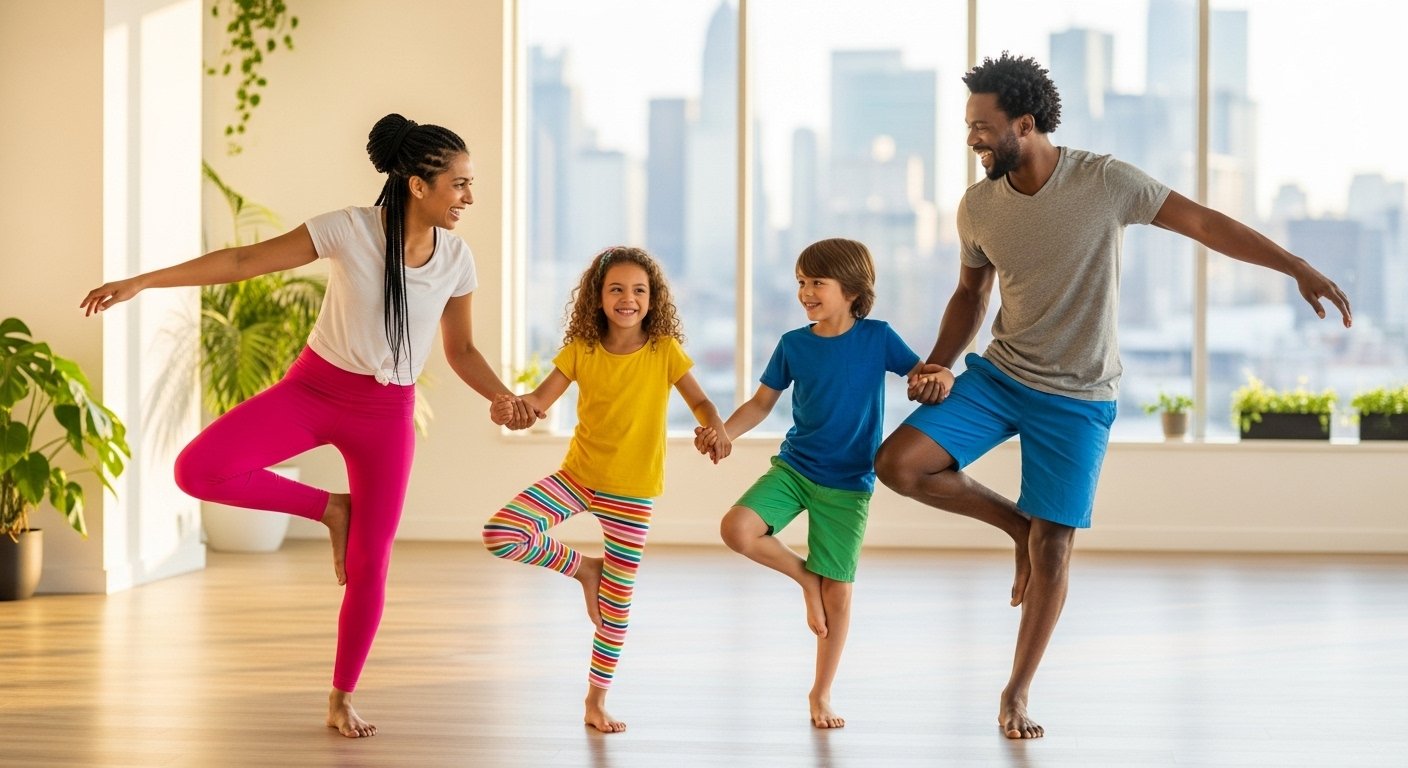 A family using the best family health and wellness city pass for a yoga class on vacation.