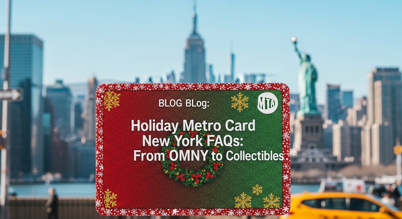 Festive Holiday Metro Card New York, highlighting its use with OMNY and its value as a collectible.