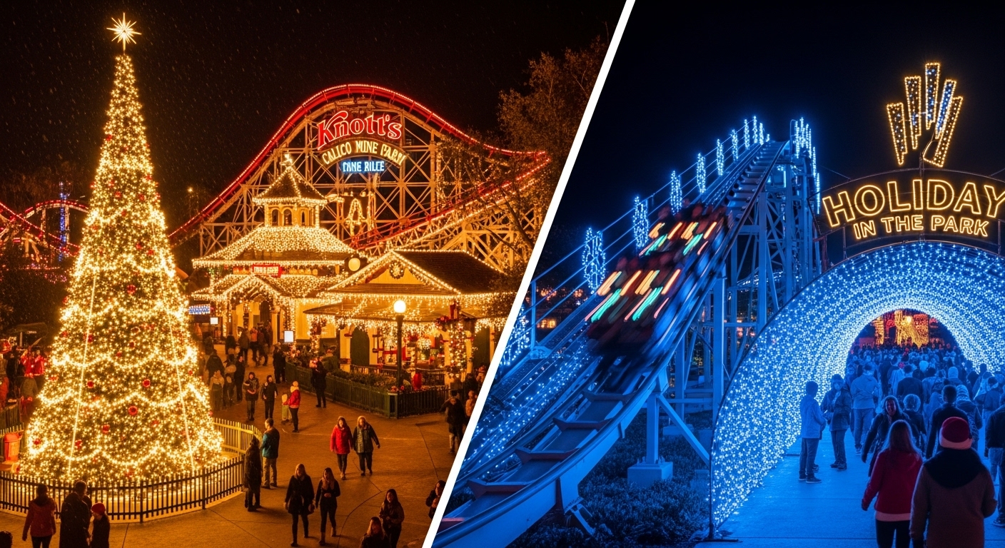 A vibrant display of holiday lights and festive decor for the Knott's Merry Farm vs Six Flags Holiday in the Park showdown.