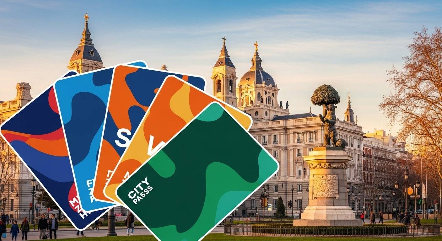 A tourist holds a **Madrid City Pass** with a famous Madrid landmark (like the Royal Palace or Plaza Mayor) in the background, representing the quest to find the **best Madrid City Pass for tourists**.