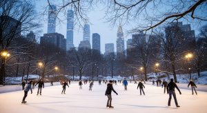 A scenic view of people ice skating at Wollman Rink in Central Park.