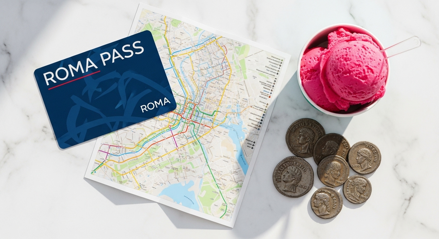 A flat-lay showing the items included or used with a Roma Pass, answering the question 