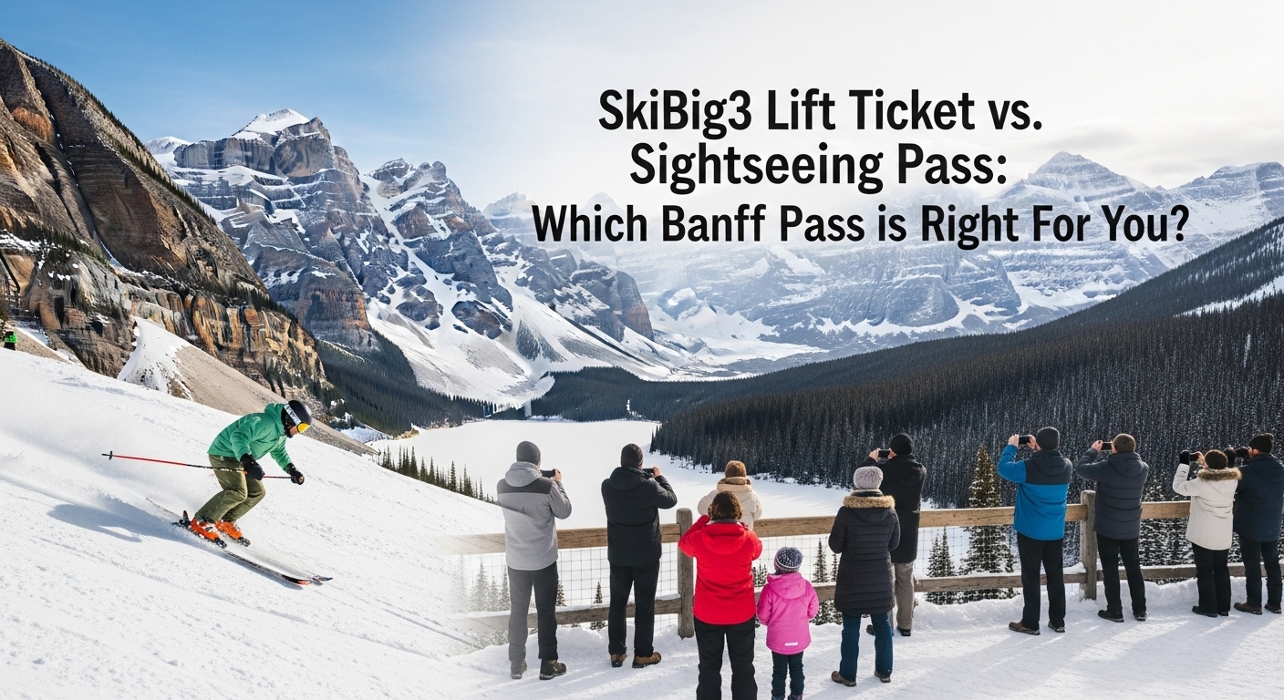 SkiBig3 Lift Ticket vs. Sightseeing Pass: Visual comparison with a skier on a mountain and a scenic gondola view in Banff.