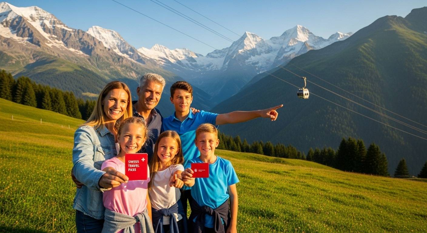 Here are a few options, choose the one that best fits the specific image: **Option 1 (General, good for a family enjoying a landmark):** Family enjoying free entry to a scenic Swiss attraction, showcasing Swiss Family Card benefits. **Option 2 (Slightly more action-oriented):** Happy family exploring a top Swiss attraction, enabled by Swiss Family Card benefits and discounts. **Option 3 (Concise):** Swiss Family Card benefits attractions: Family enjoying a Swiss landmark.